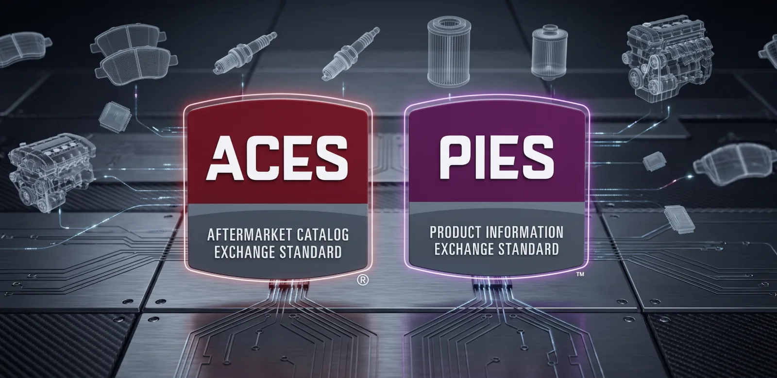Two badges side by side on a dark circuit-board background: ACES, the Aftermarket Catalog Exchange Standard, and PIES, the Product Information Exchange Standard, ringed by wireframe engines, brake pads and filters.