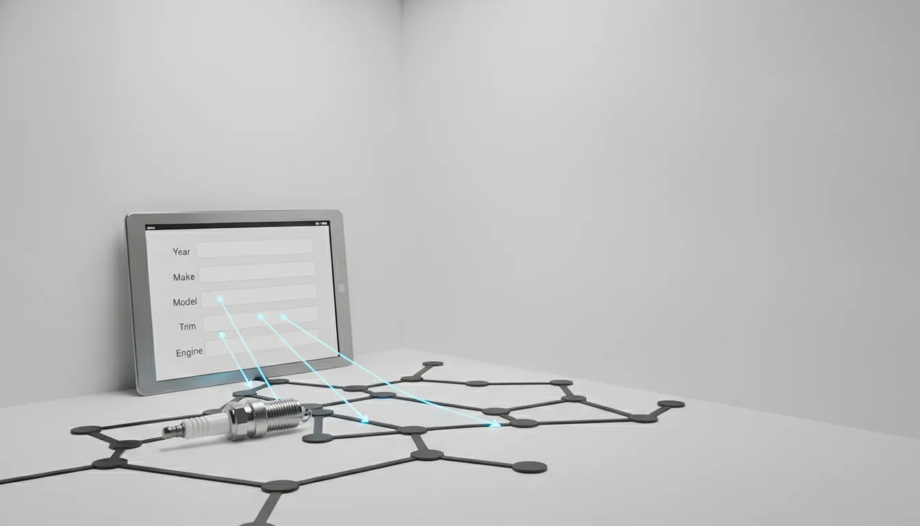 A technical diagram showing an automotive engine part on a surface, connected by arrows to a data input form on a screen with fields for Year, Make, Model, Trim, and Engine.