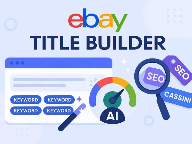 A flat illustration titled eBay Title Builder: a listing title made of keyword blocks, a dial swinging into the green, and tags reading SEO and Cassini beside a magnifying glass.
