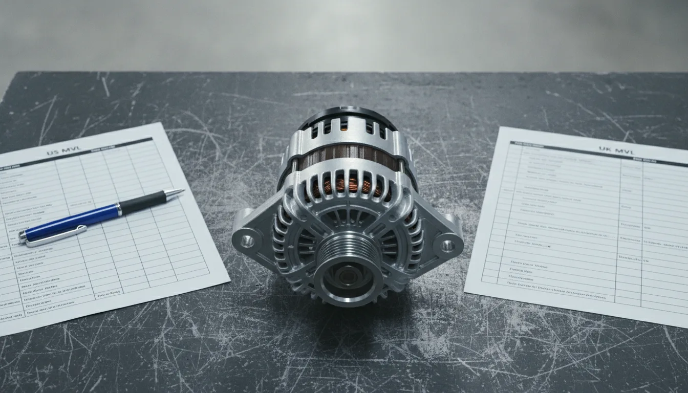 A car alternator sits on a metal workbench between two printed spreadsheets labeled US MVL and UK MVL.