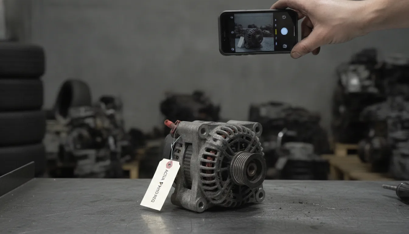 A person takes a photo of a used car alternator on a workbench with a smartphone, featuring an inventory tag that reads ACTUAL PHOTO REQ.