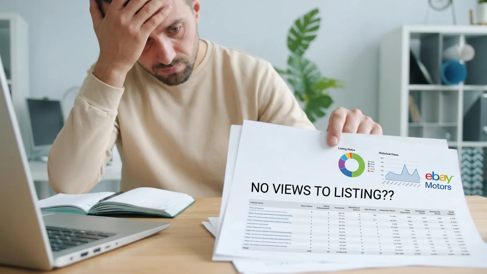 A seller sits with his head in his hand, holding up a printed eBay Motors report headed No Views To Listing, showing a pie chart of listing status and a flat views graph.