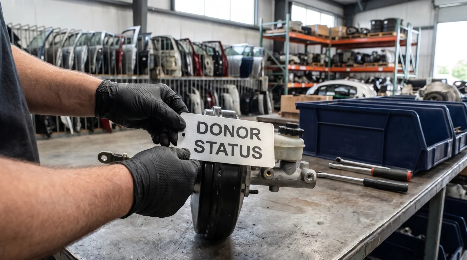 A person wearing black gloves holds a metal tag that reads "DONOR STATUS" over a car part in a warehouse filled with auto parts.