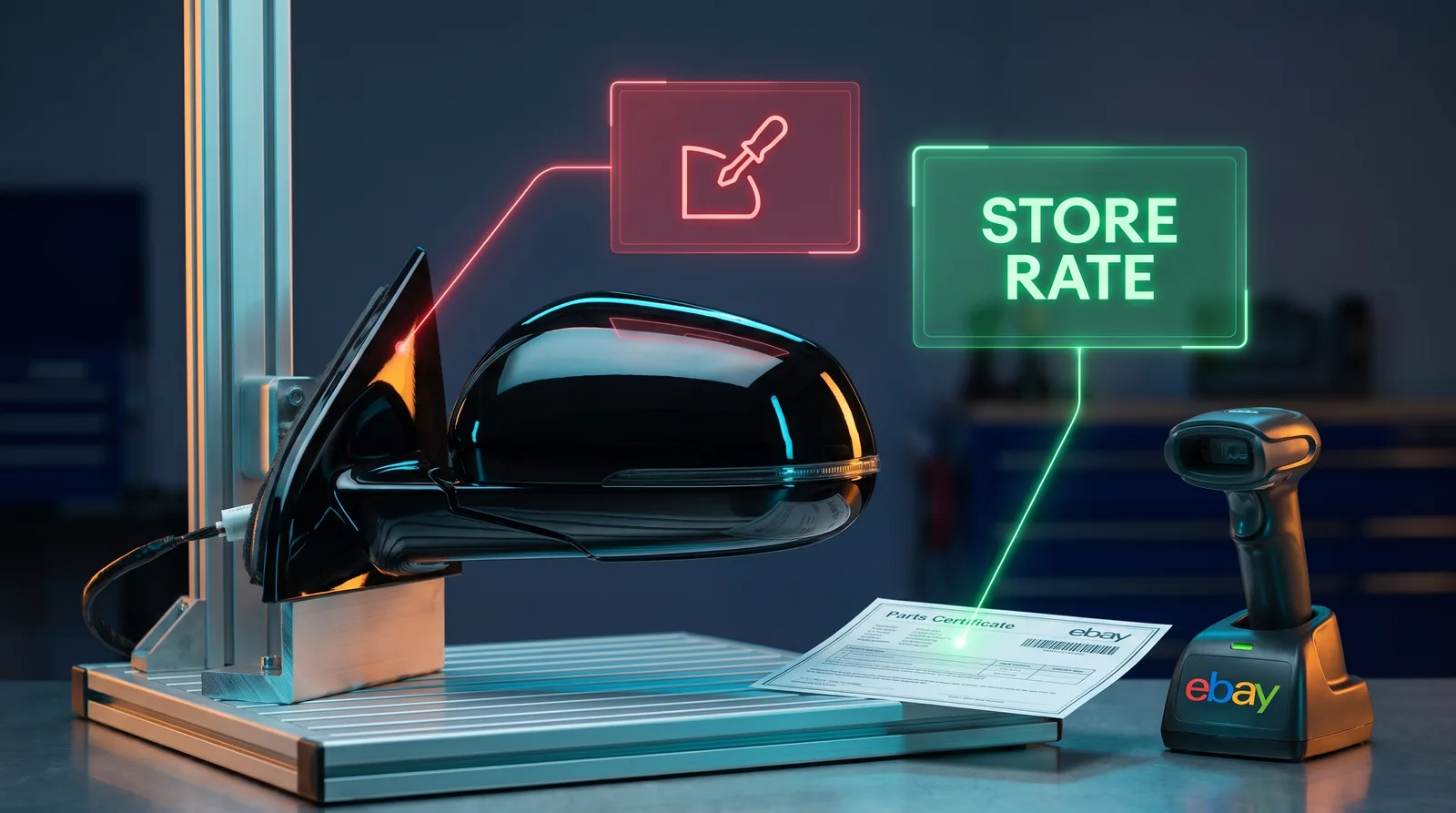 A black car side mirror is mounted on a metal stand, with glowing digital interface elements showing "STORE RATE" and an icon, next to a barcode scanner and a document with "Parts Certificate" and an eBay logo.